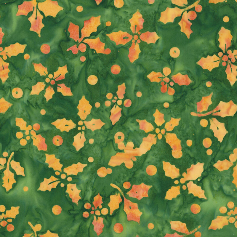 This christmas green batik fabric features dark gold holly sprays and tosses dots. 