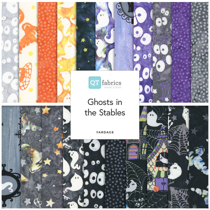 Digital collage of the available yardage fabrics from the Ghosts in the Gables fabric collection.
