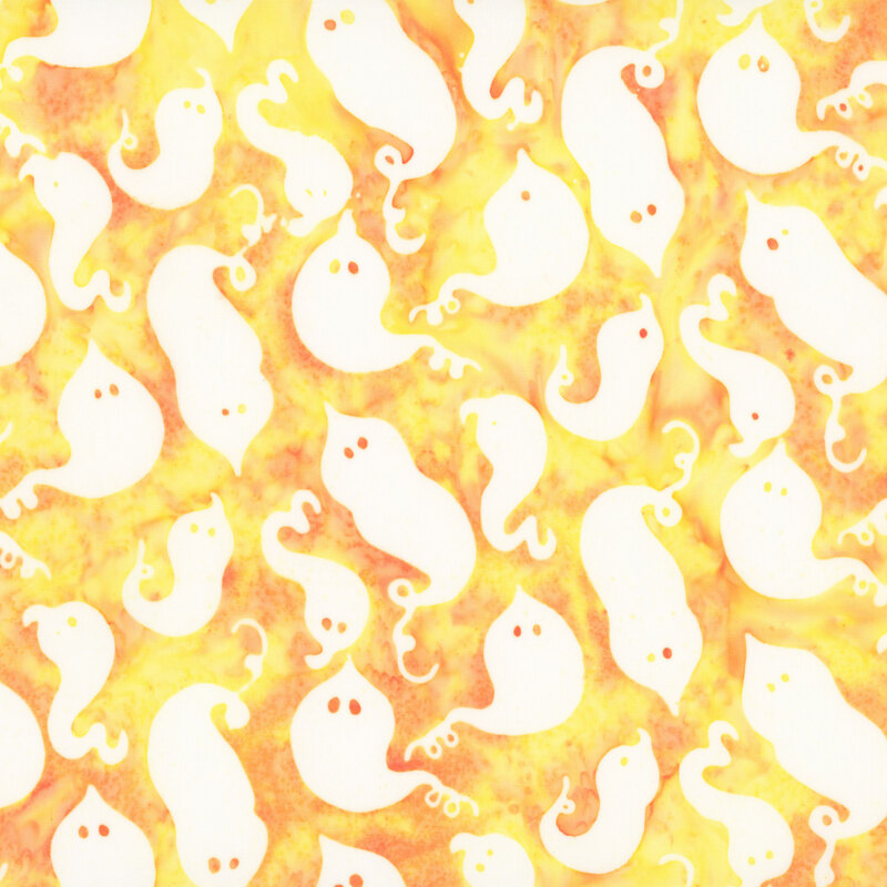 Orange-yellow batik with a tossed pattern of white ghosts.
