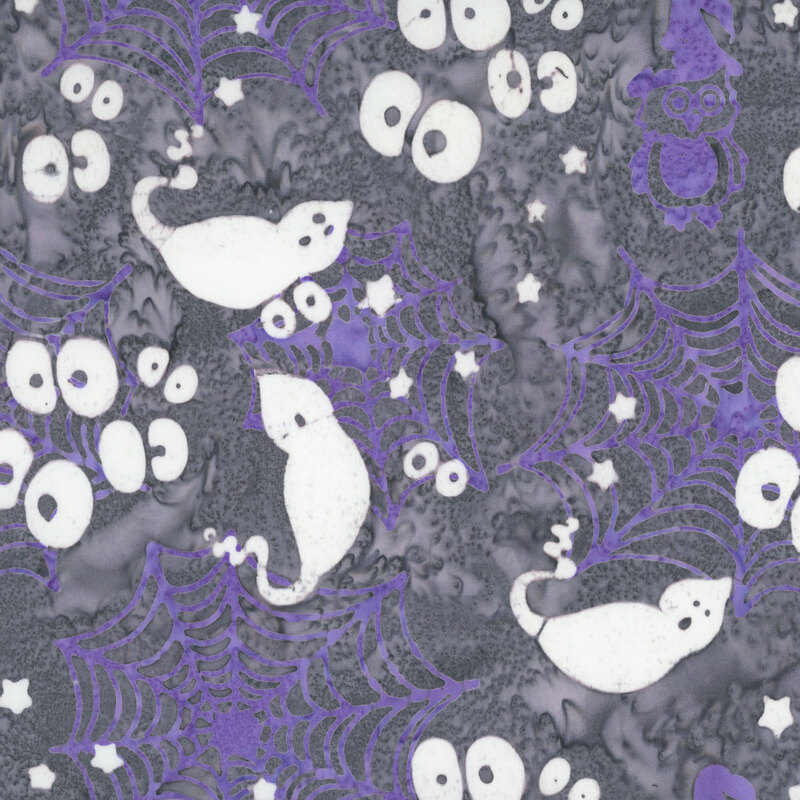 Smoke gray fabric with white ghosts, googly eyes, and stars accented with purple spiderwebs.