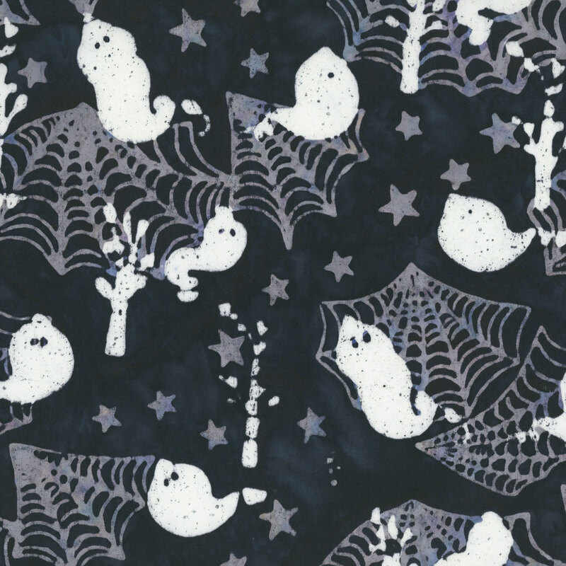 Black batik with a mix of neutral-toned ghosts, spiderwebs, stars, and skeleton hands.