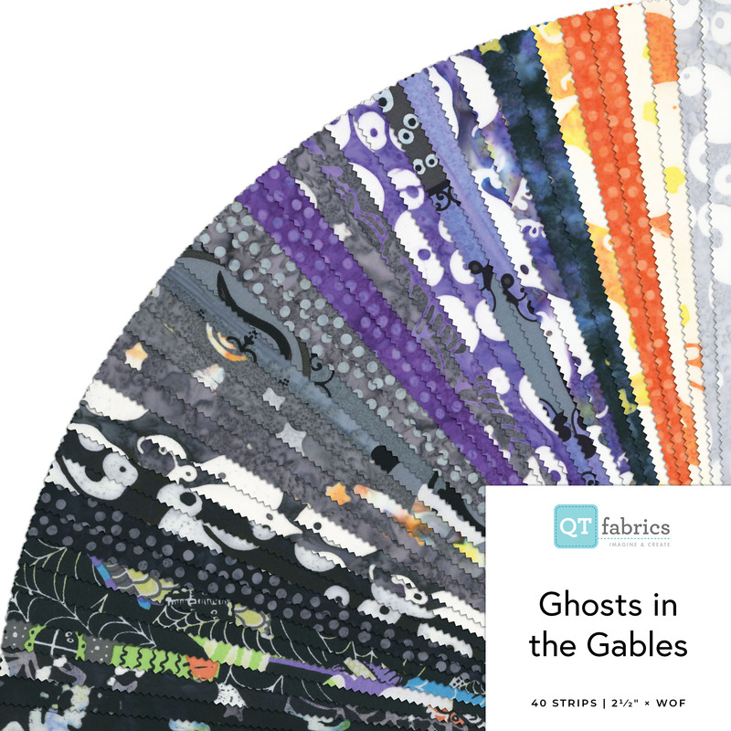 Digital collage of the 2.5" Strip Roll Bundle from the Ghosts in the Gables fabric collection.