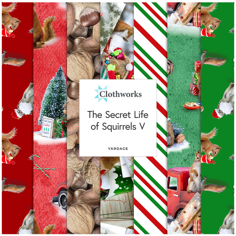 Collage of the squirrel themed Christmas prints featured in the The Secret Life of Squirrels V collection.