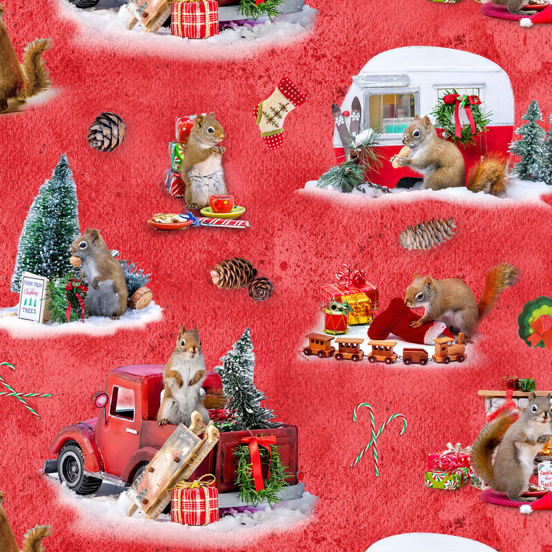 Textured red fabric with various snowy scenes of squirrels preparing for and celebrating Christmas.