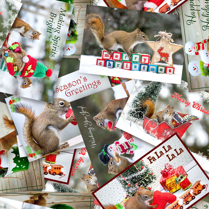 Packed, collage-style print of various greeting cards featuring holiday scenes of Squirrels, layered over each other.