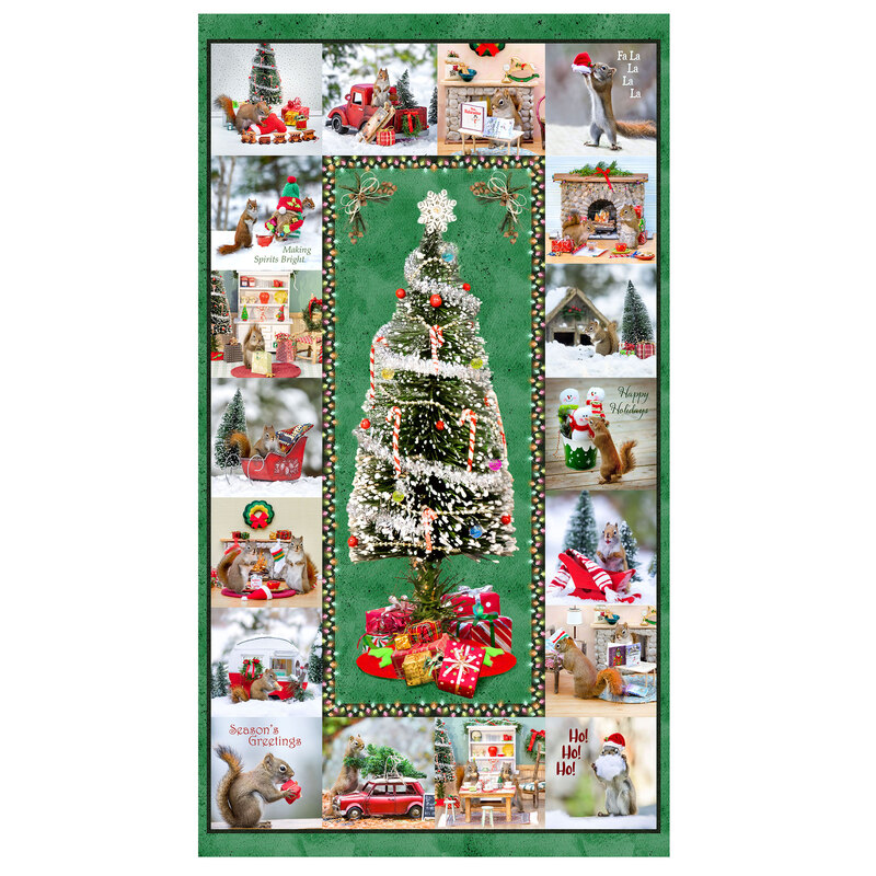 Christmas panel with a decorated model tree at the center, surrounded by various holiday scenes featuring squirrels around the border.