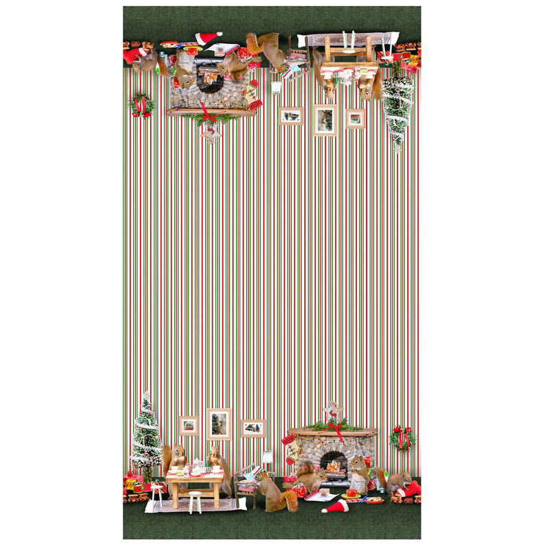 Selvage to selvage border print featuring Christmas scenes of squirrels at home along the edges with red, white, and green stripes through the center.