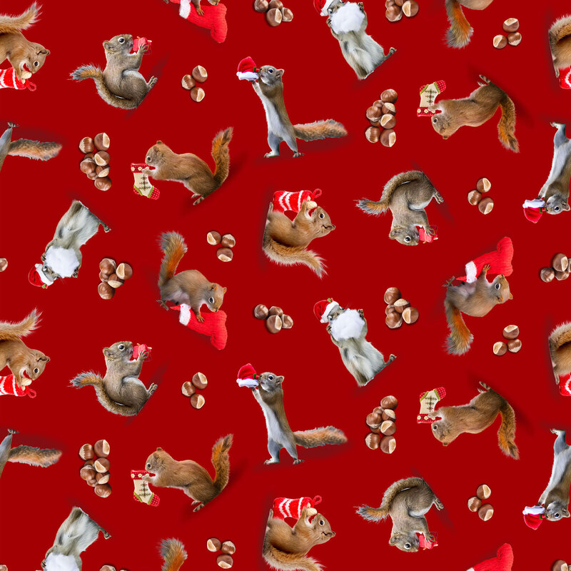 Red fabric with tossed squirrels, nuts, stockings, and Santa hats.