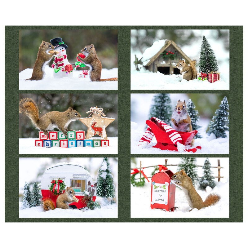 Panel featuring six blocks of squirrels in snowy holiday scenes with gifts, decorations, and winter props.