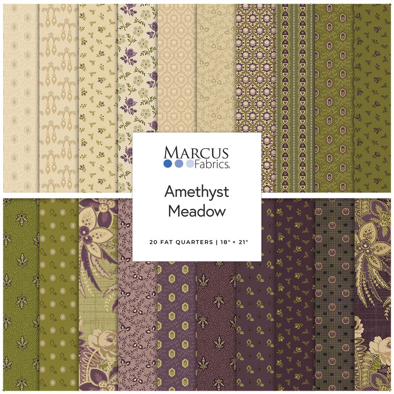 Digital collage of the Fat Quarter Bundle from the Amethyst Meadow fabric collection.
