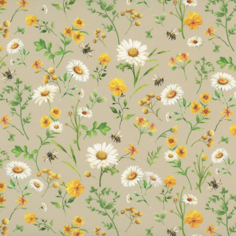 yellow and white daisy sprigs with green leaves and buzzing bees scattered on a mushroom colored background.