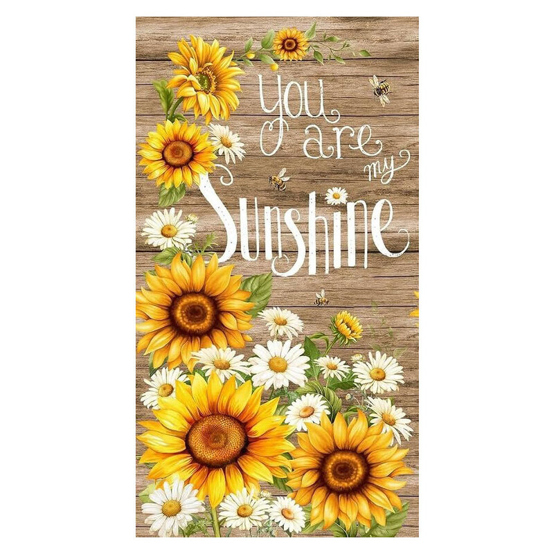 Rustic panel fabric featuring the phrase "You are my sunshine" with bees, daisies, and sunflowers on a wood texture background.