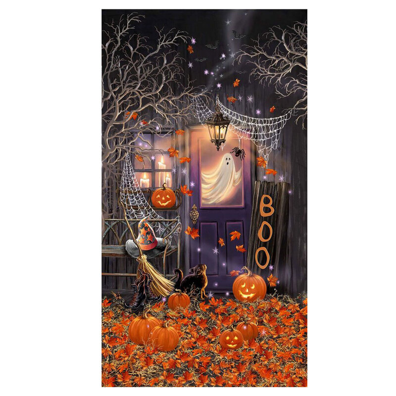 Black fabric panel featuring a haunted house with leaves on the ground, a black cat, spider webs, and a ghost in the window.