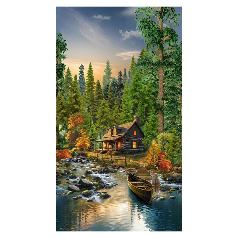 Fabric panel featuring a woodland scene of a cabin by a lake, surrounded by tall pines.