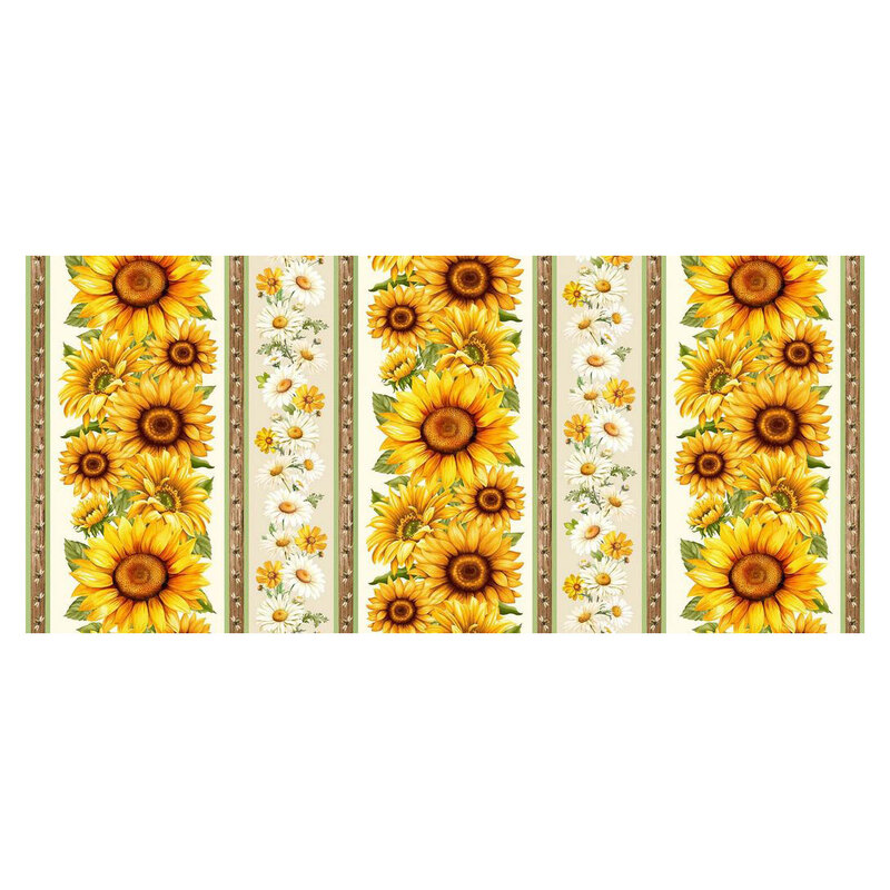 cream border print featuring rows of golden sunflowers, yellow and white daisies, and bees with a wood texture background.