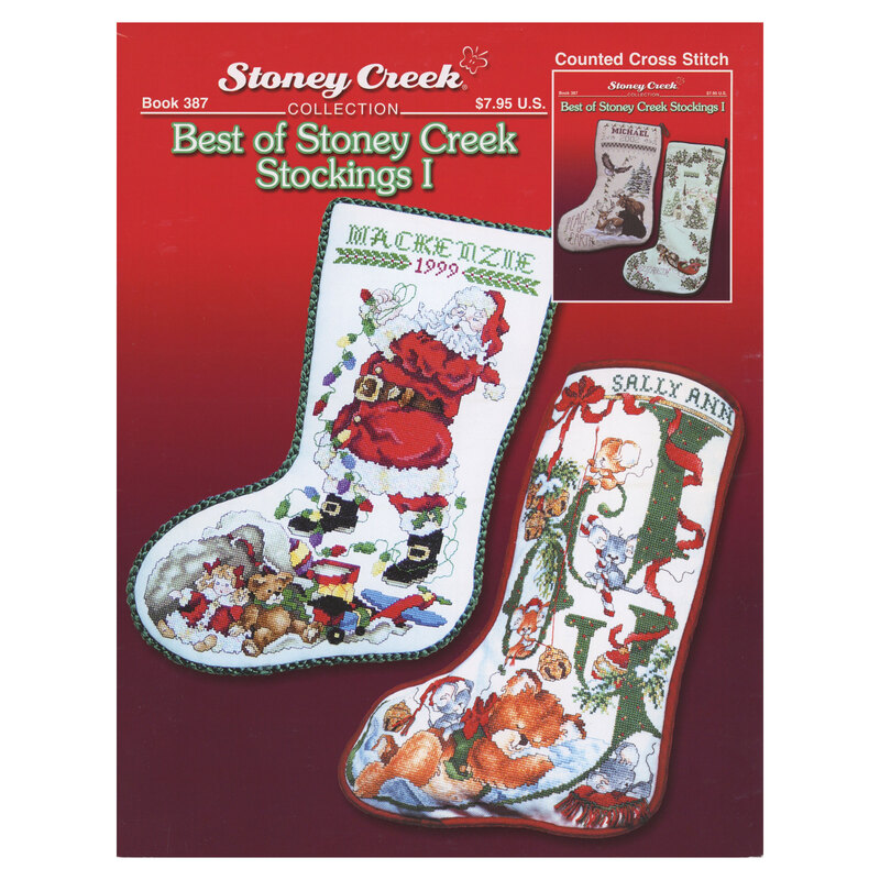 Front cover of the pattern booklet showing the finished stockings displayed on a red background.