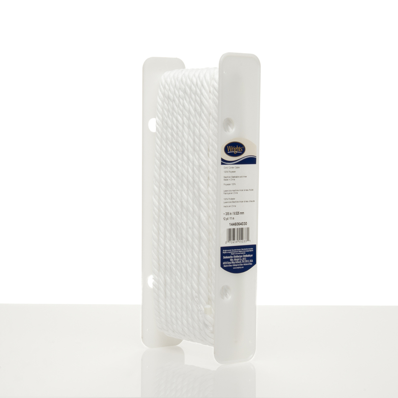 White cord on a spool in a plastic holder with product label.