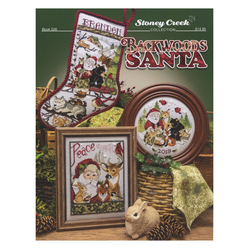 Front cover of the cross stitch pattern with the finished projects displayed on a green background.
