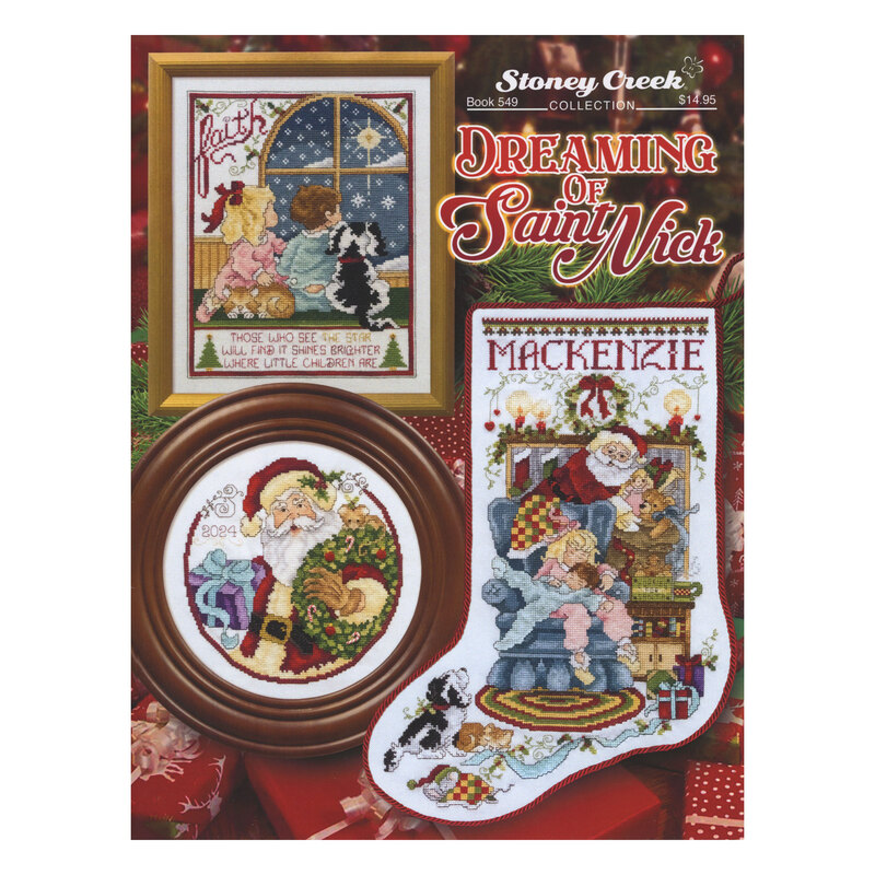 Front cover of the cross stitch pattern with the finished projects displayed on a festive background.