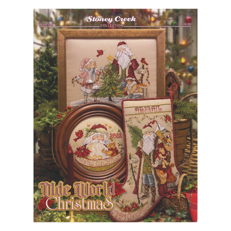 Front cover of the cross stitch pattern with the finished projects displayed on a festive background.