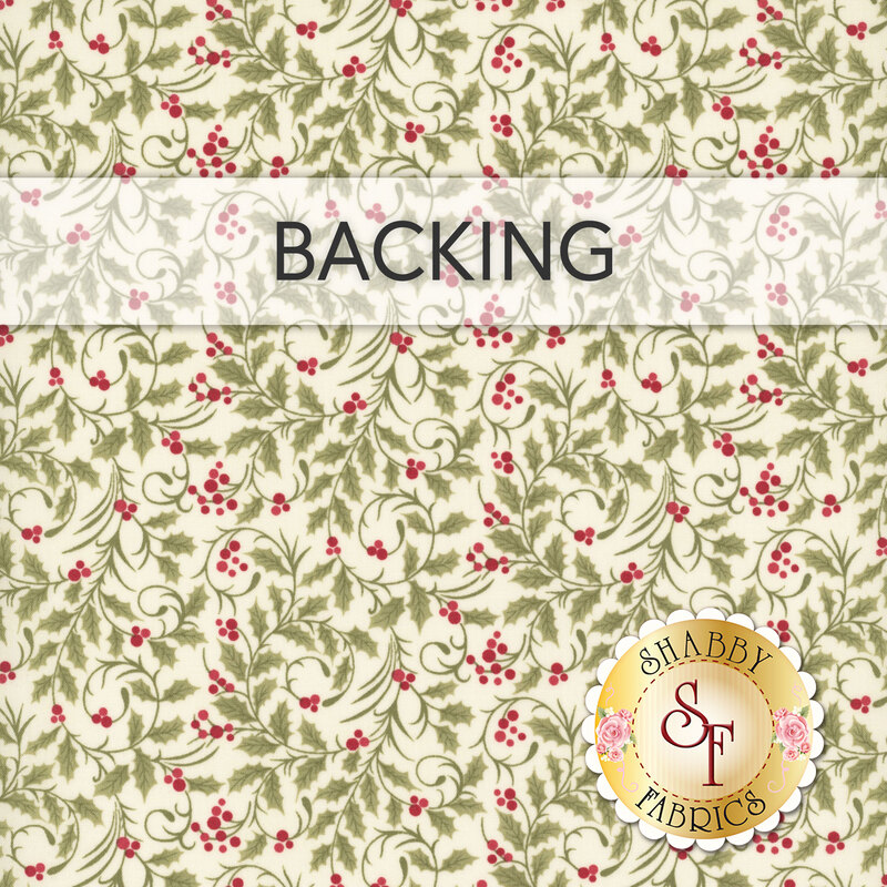 Swatch of cream fabric with swirling holly leaves and red berry accents; a transparent banner at the top reads "Backing." 
