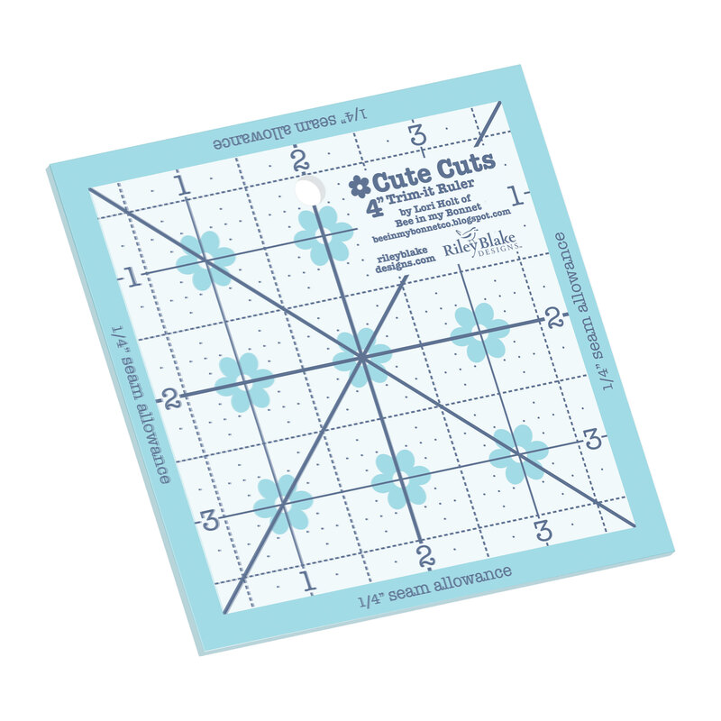 Digital mockup of the Cute cuts 4" square ruler with various grid marks and a blue edge, isolated on a white background. 