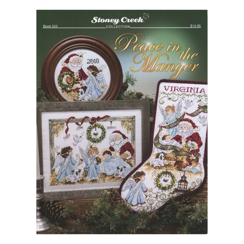 Front cover of the cross stitch pattern with the finished projects staged on a green festive background.