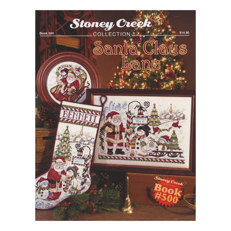 Front cover of the cross stitch pattern with the finished projects staged on a festive background.