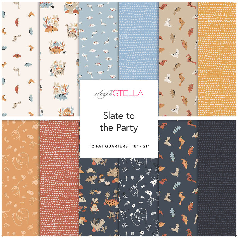 Digital collage of the Fat Quarter Bundle from the Slate to the Party fabric collection.