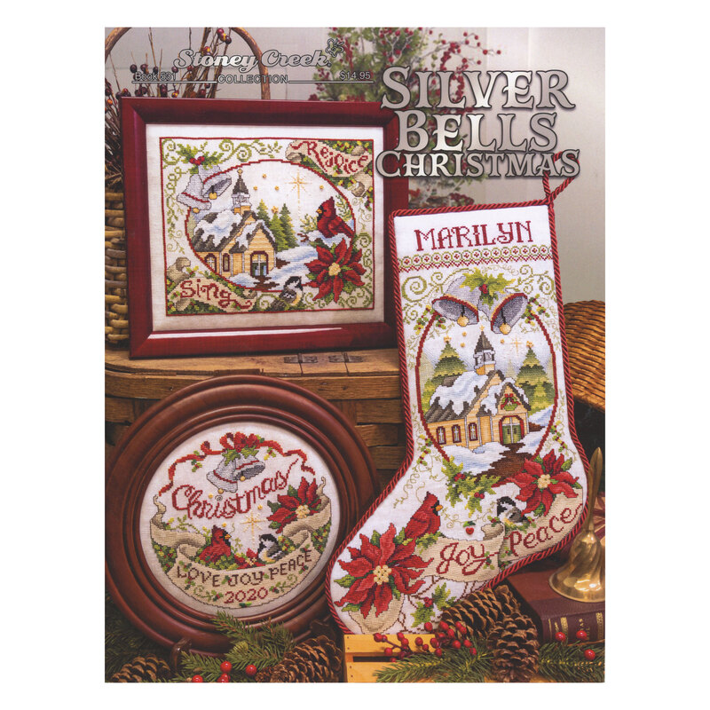 Front cover of the cross stitch pattern with the finished projects staged on a decorated background.