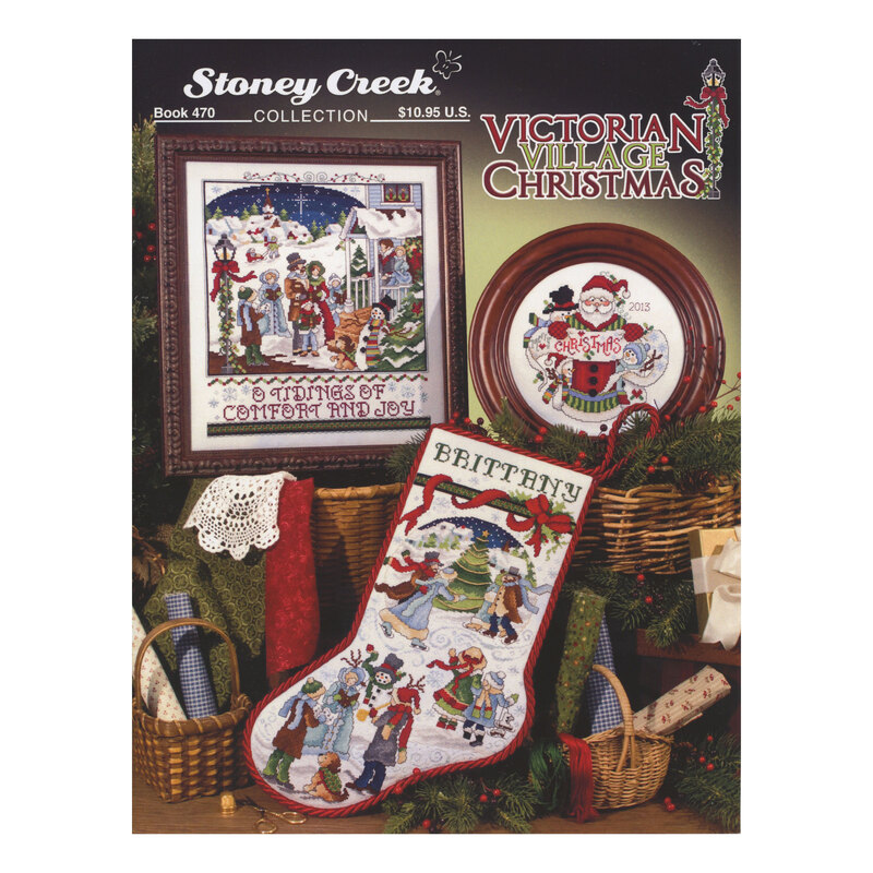 Front cover of the cross stitch pattern with the finished projects staged on a decorated background.
