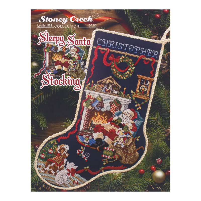 Front cover of the pattern booklet showing the finished stocking displayed on a Christmas tree background.