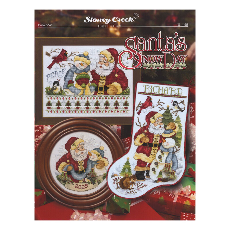 Front cover of the cross stitch pattern with the finished projects staged on a decorated background.