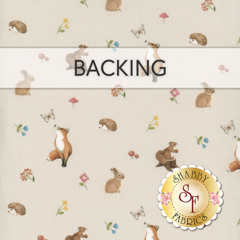 Taupe swatch of fabric featuring tossed woodland animals, mushrooms, and flowers; a transparent banner at the top reads "Backing." 