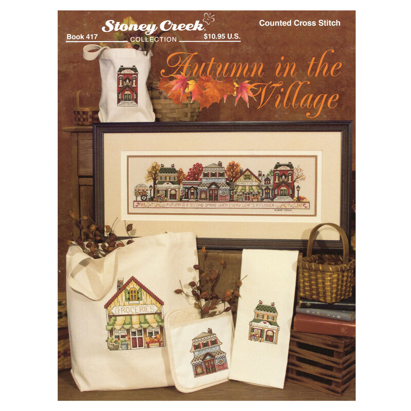 Front cover of the pattern showing the completed project both framed and on individual pieces like a tote bag, hot pad, and towel.