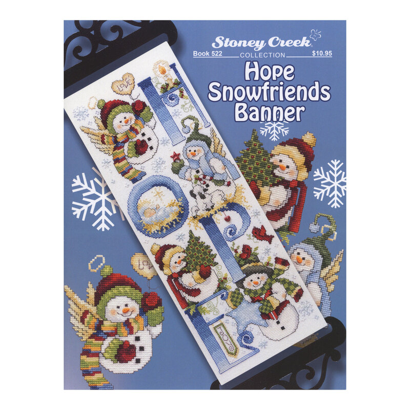 Front cover of the cross stitch pattern with the finished banner staged on a blue background.