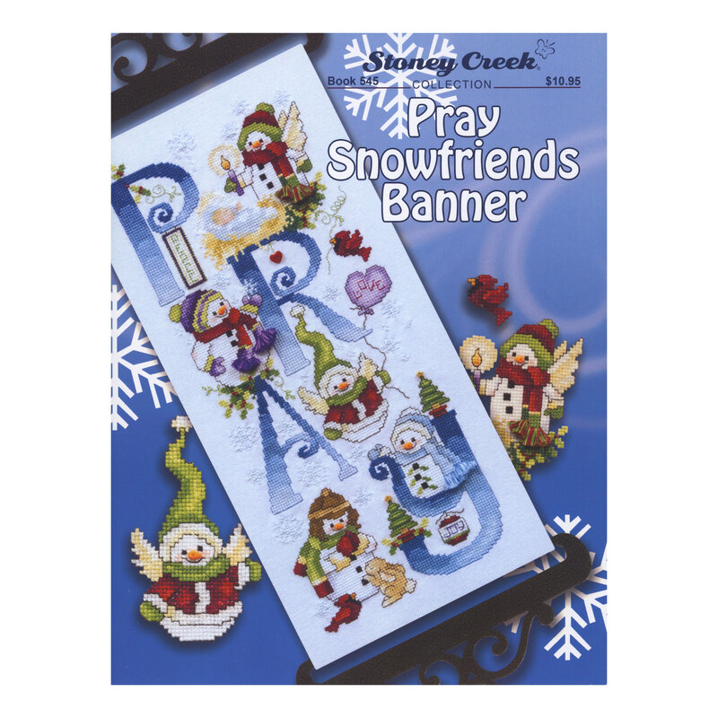 Front cover of the cross stitch pattern with the finished banner staged on a blue background.