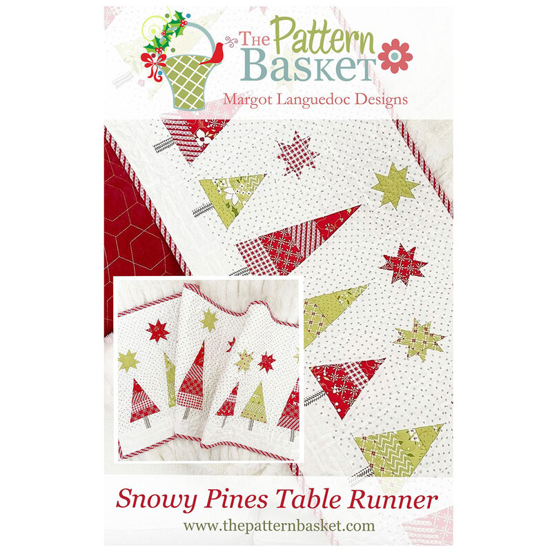 front of the Snowy Pines Table Runner pattern featuring festive Christmas trees in red and green prints with coordinating stars on a snowy white background.