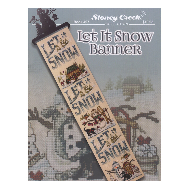 Front cover of the cross stitch pattern with the finished banner staged on a background of a zoomed-in section of the banner.