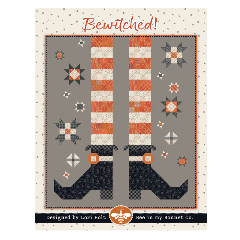 Cover art for "Bewitched!" by Lori Holt, featuring a witches striped legs, boots, and stars.