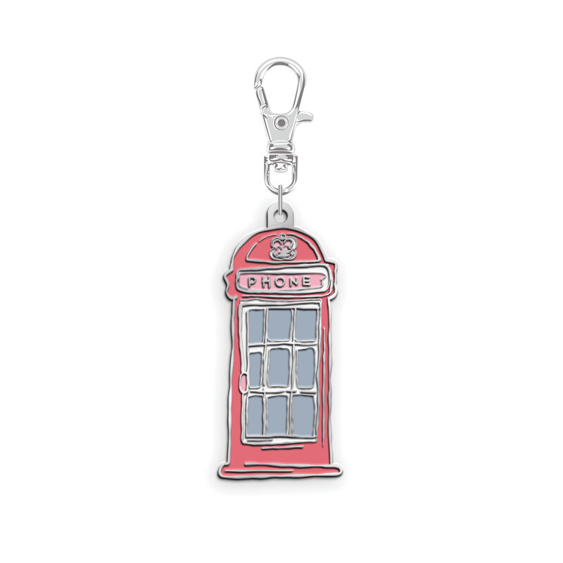 Digital mockup of the Phone Booth Enamel Charm, isolated on a white background. 
