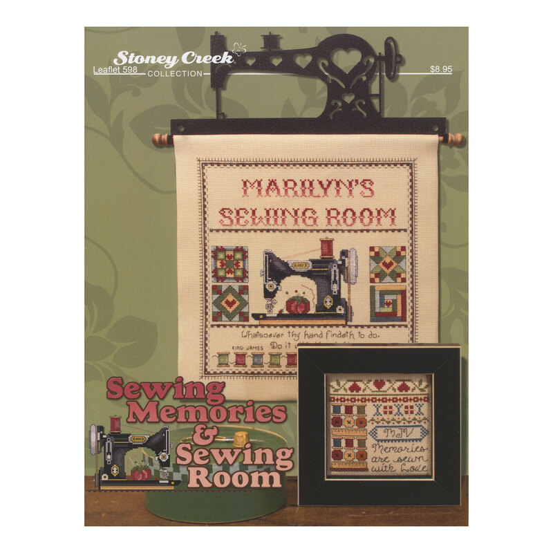 Front cover of the SewingMemories & Sewing Room cross stitch pattern finished and hung on a sewing machine hanger isolated on a green floral wall.