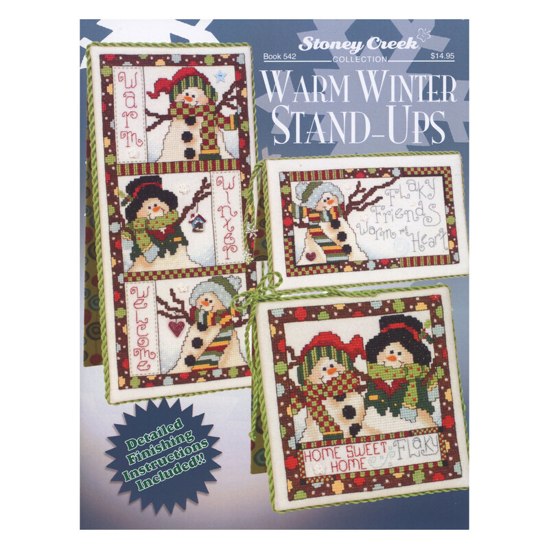 Front cover of the cross stitch pattern with the finished projects staged on a snowflake background.