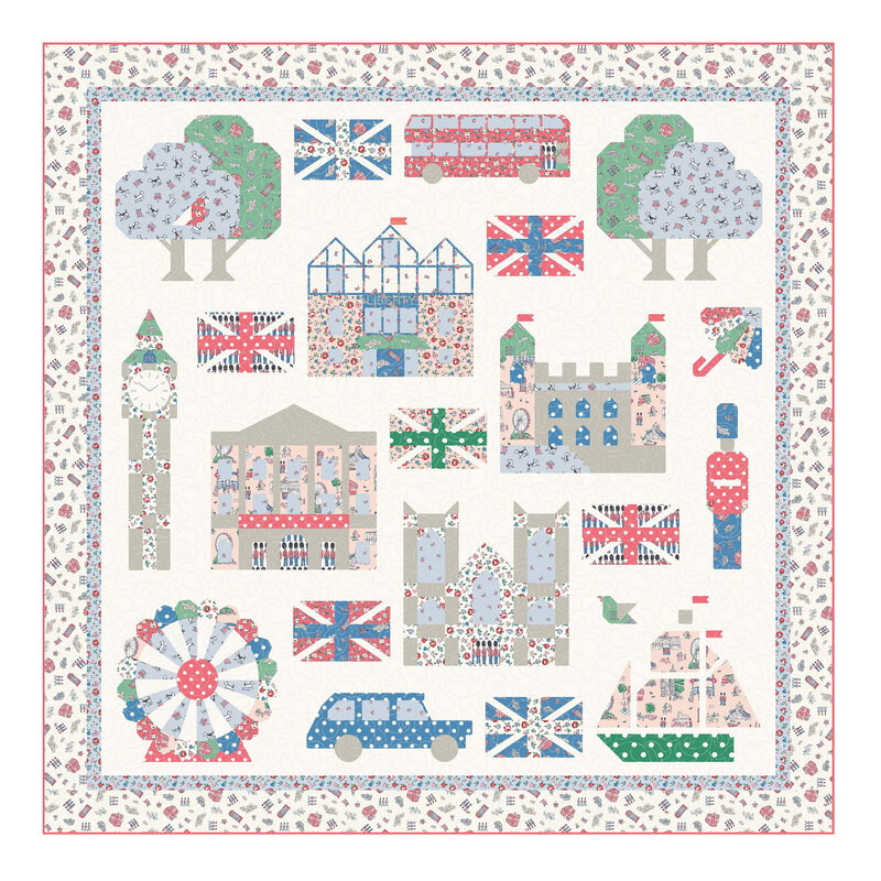 Patchwork quilt with British landmarks, Union Jacks, trees, ferris wheel, and a car.