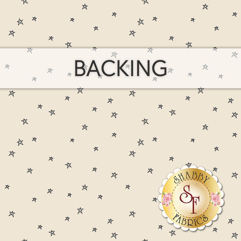 Cream swatch of fabric with tossed black hand drawn stars; a transparent banner at the top reads "Backing." 