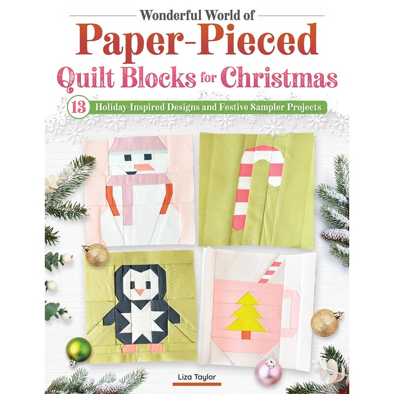 Book cover: “Paper-Pieced Quilt Blocks for Christmas” with four festive quilt block designs.