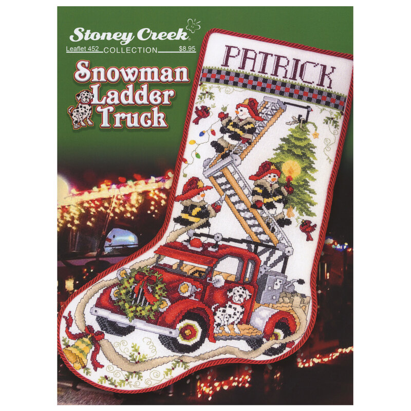 Front of the snowman ladder truck cross stitch pattern showing the finished stocking.