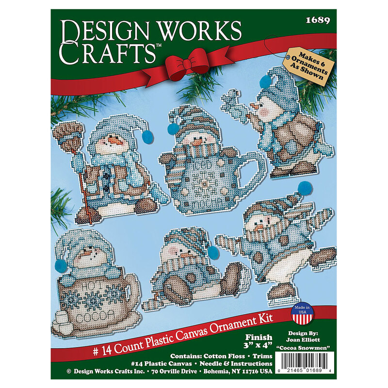 The front of the Cocoa Snowmen cross stitch kit featuring 6 different snowman designs on a blue background.