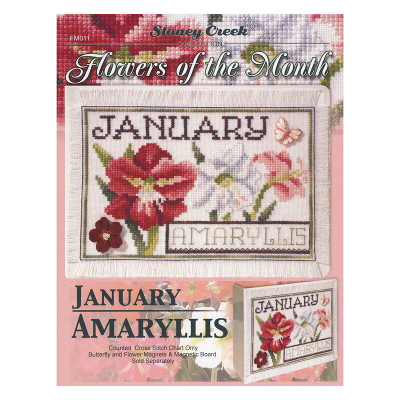 Front cover of the cross stitch pattern with the finished project shown in an enlarged version and a version on a magnet board.