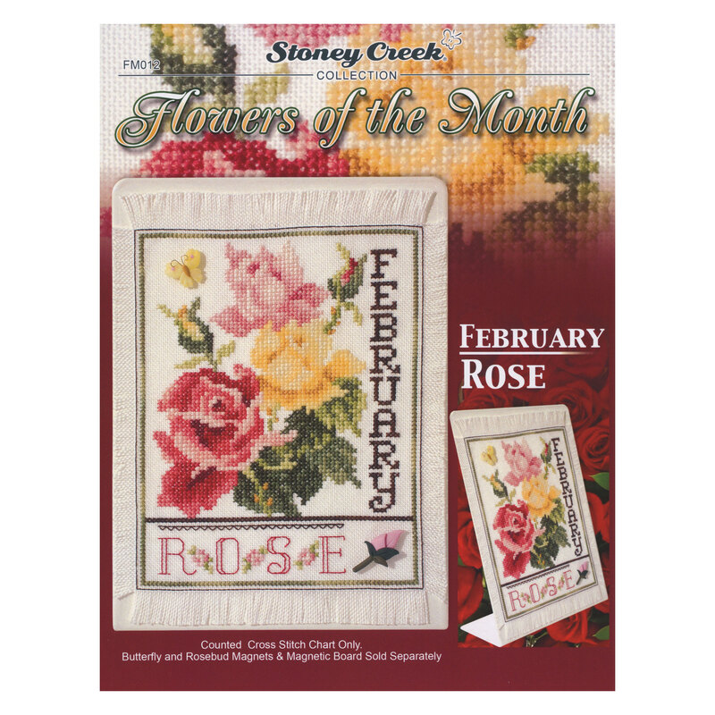 Front cover of the cross stitch pattern with the finished project shown in an enlarged version and a version on a magnet board.